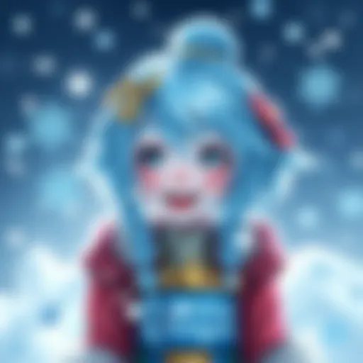 A playful icy character with pale blue hair and a joyful expression, surrounded by snowflakes and shimmering ice effects, representing her presence in modern culture.