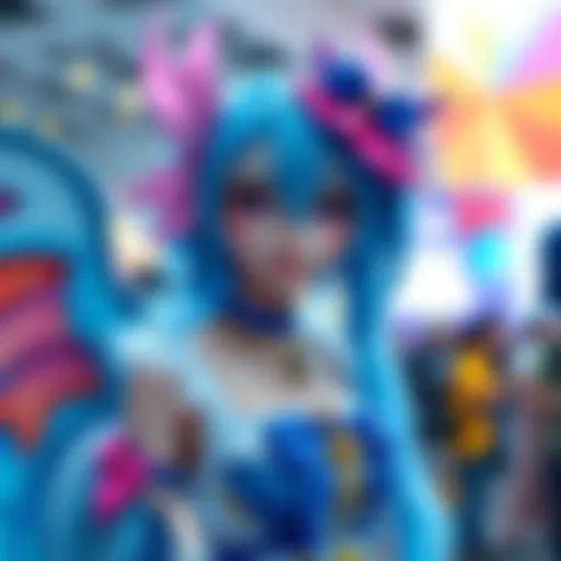A vibrant Cirno cosplayer in a colorful outfit with wings and blue hair, showcasing creativity and enthusiasm at a convention.