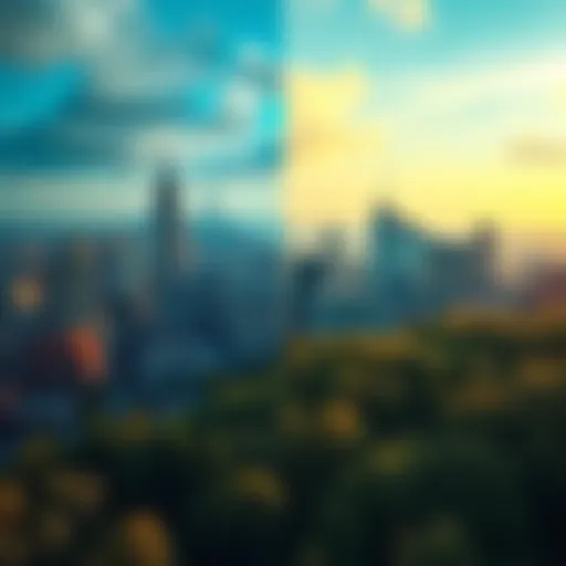 A bustling city skyline next to a serene forest, highlighting the contrast between urban life and nature.