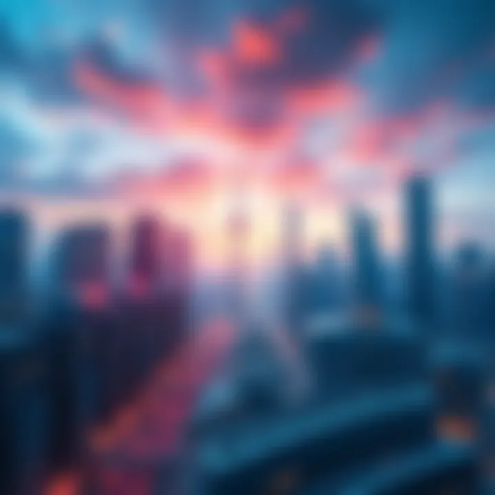 A modern city skyline showcasing futuristic buildings and technologies, illustrating transformative changes in society