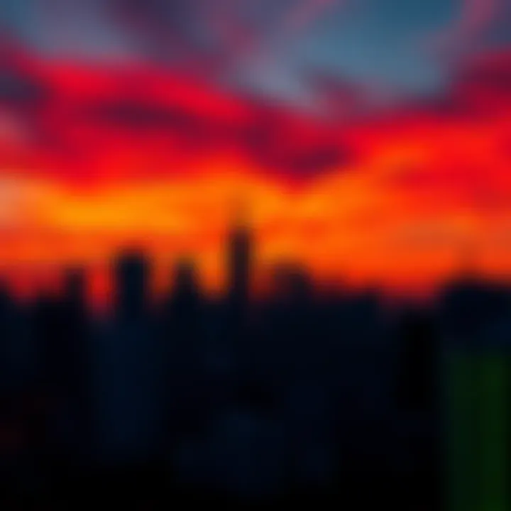 City skyline during sunset A city skyline silhouetted against a vibrant sunset, symbolizing change and uncertainty about the future.