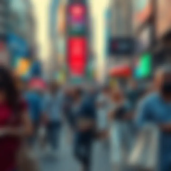 A busy city street scene showing diverse people interacting with their belongings, reflecting on ownership and identity.