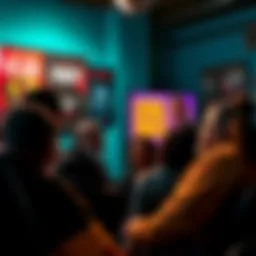 A group of people engaged in a heated discussion about civil rights representation in media, with film and media posters in the background.