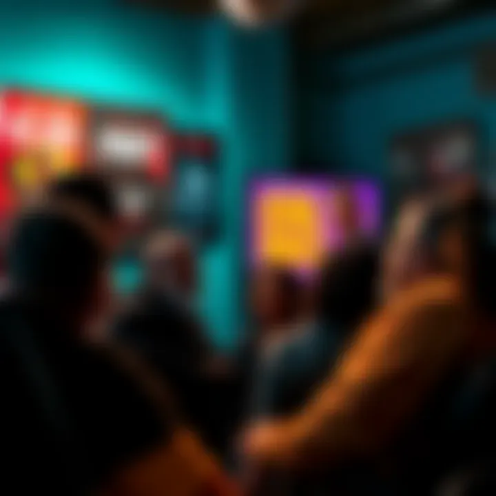 A group of people engaged in a heated discussion about civil rights representation in media, with film and media posters in the background.