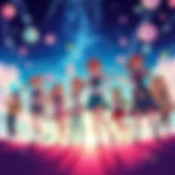 An illustration representing the iconic characters from CLAMP's popular series like Cardcaptor Sakura and Tsubasa, showcasing their unique art style and vibrant colors