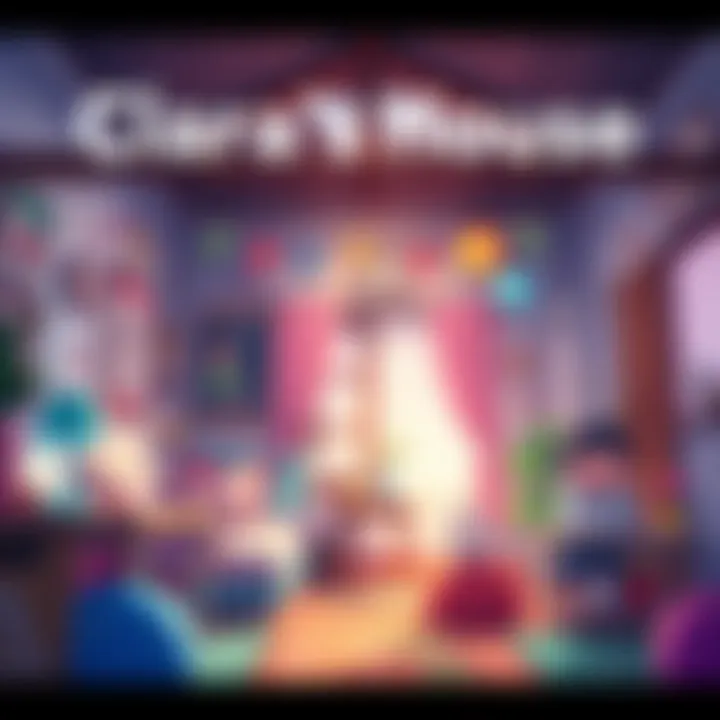 A colorful scene of Clara's house with playful decorations, showcasing a lively atmosphere filled with friends enjoying their time together.