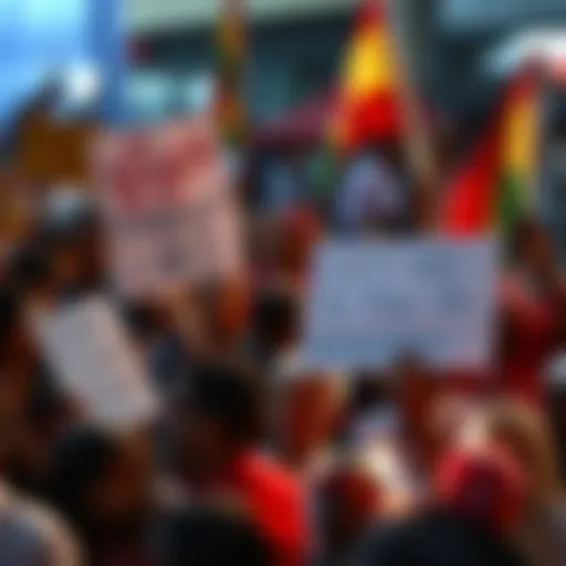 Clash of Views on Chad's Atrocities A crowd expressing disagreement, with signs supporting Virgin Tyrant and others honoring Chad's past atrocities.