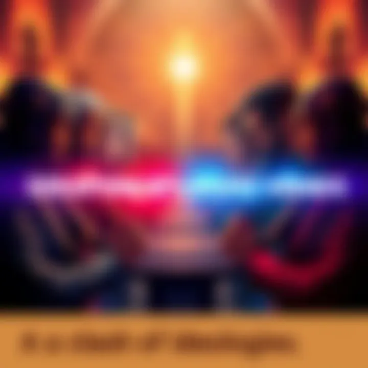 Two groups face off in a heated debate, representing different ideologies. One side shows Seraphim symbols and the other displays Right Hands emblems, illustrating their conflict.