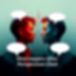 Two people standing face to face, representing different viewpoints, with speech bubbles showing contrasting ideas.