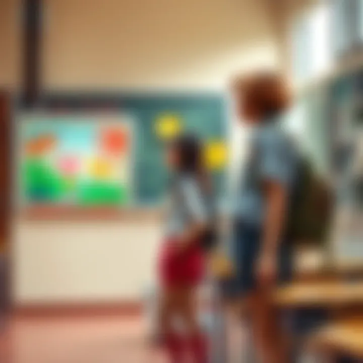 A scene showing a clumsy class monitor and a girl in a short skirt, both in a classroom setting, looking at a colorful artwork on the wall.