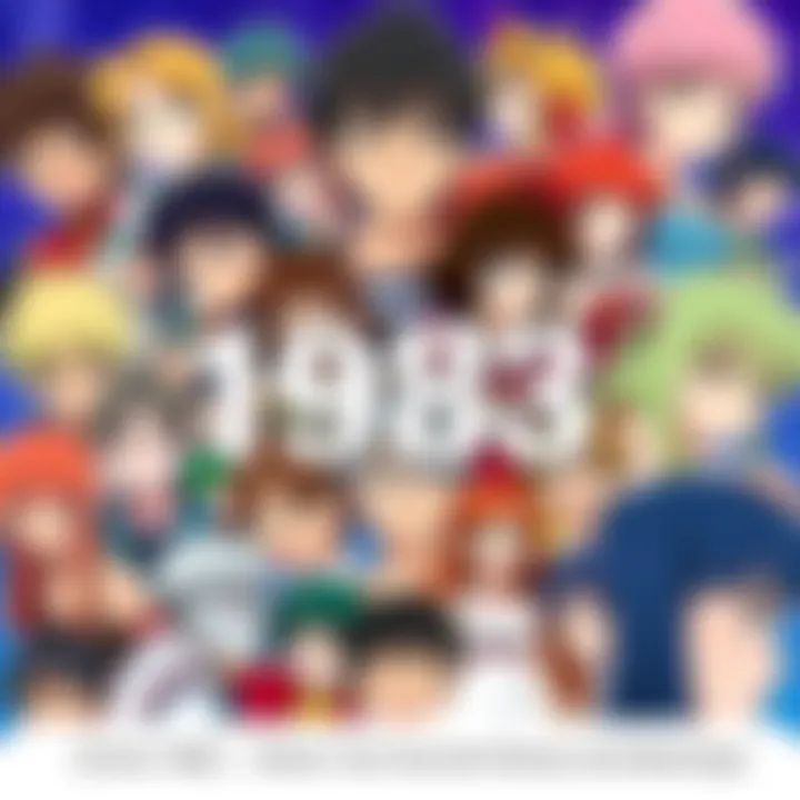 A colorful collage of popular anime characters from 1983, showcasing their distinct styles and expressions, inviting fans to share their favorites.