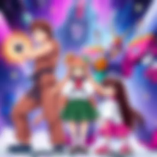 Group of iconic anime characters from the 80s and 90s, including a martial artist, a magical girl, and a giant robot, showcasing the vibrant art style of that era.