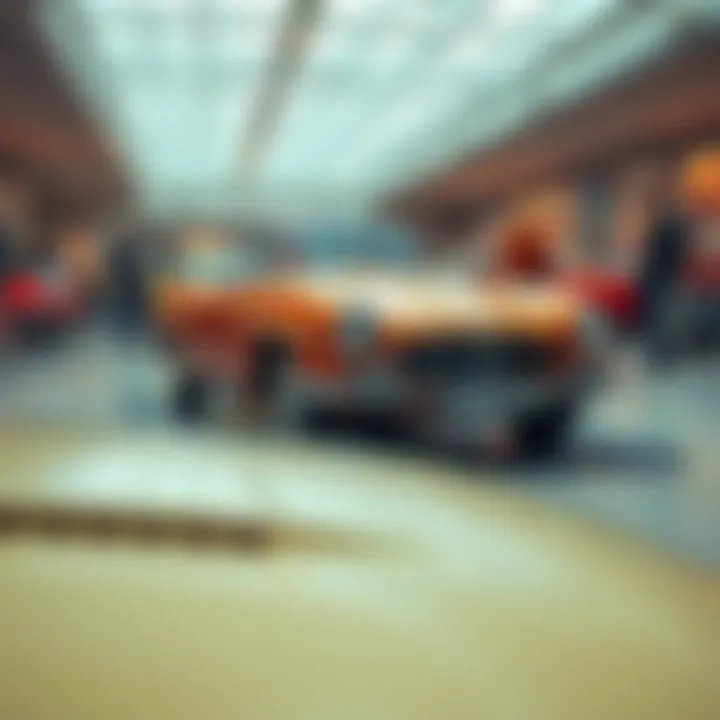 A vintage car displayed in a classic car showroom with people admiring it
