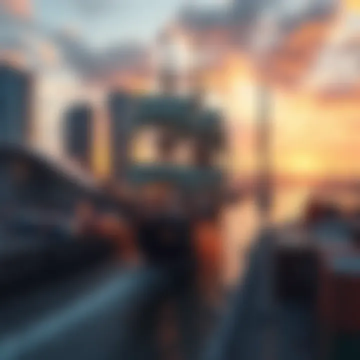A classic clipper ship docked at a bustling modern port, symbolizing the connection between historic travel and today's commerce.