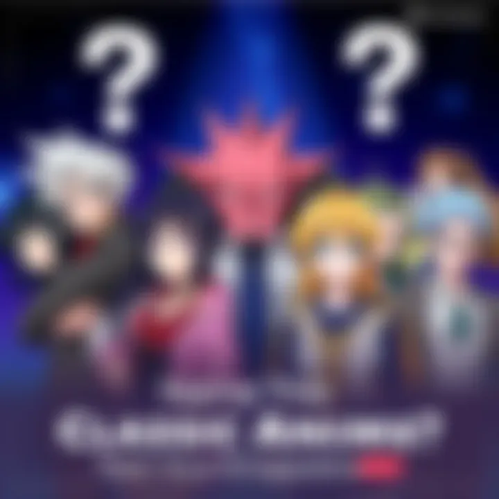 A group of anime characters from different classic series with question marks above them, inviting viewers to guess their names.