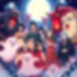 An illustration featuring iconic anime characters among ghosts and yokai, showcasing a mix of classic styles and themes from older series.