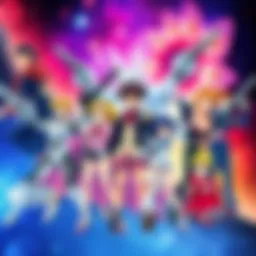 Classic Anime Characters A group of classic 80s and 90s anime characters in action poses, reminiscent of series like Cowboy Bebop and Neon Genesis Evangelion, set against a colorful cosmic background.