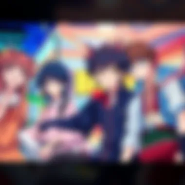 A vibrant scene from a classic anime featuring iconic characters in a colorful setting, showcasing their unique designs and expressions.