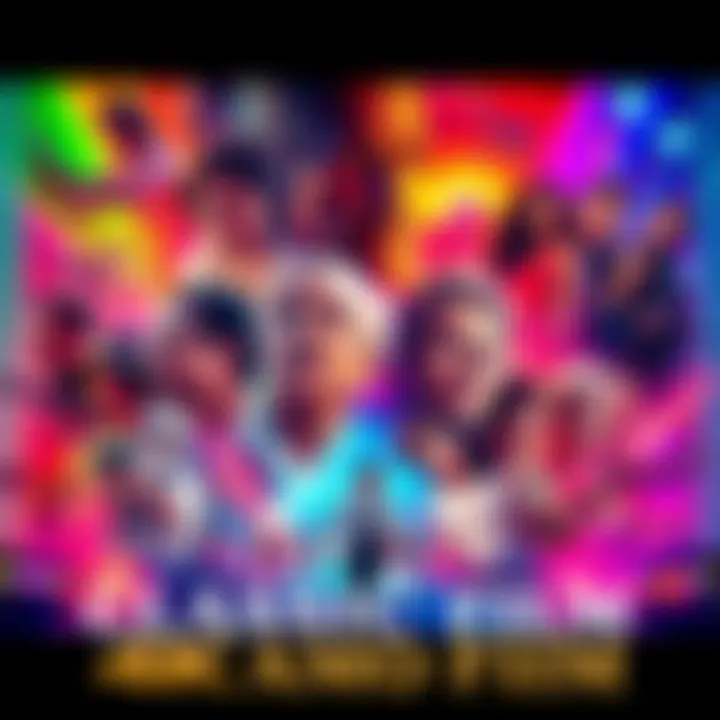 A vibrant movie poster featuring scenes from a classic film, highlighting characters and iconic moments, set against a colorful 4K remaster theme.