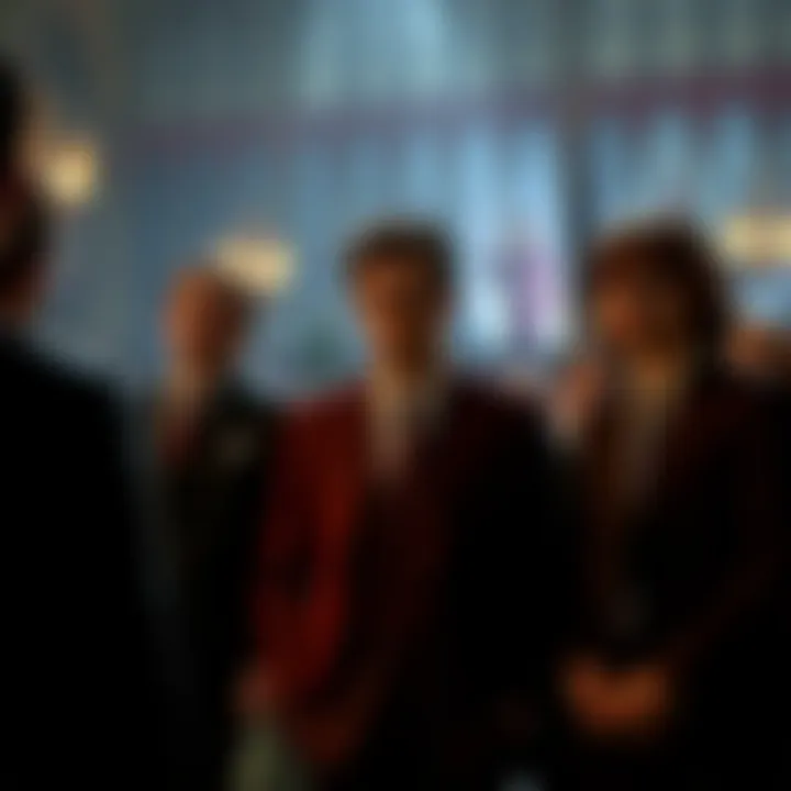 Classic film scene showing characters with altered dialogue text on screen