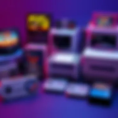 A collection of classic video game consoles and cartridges showcasing popular nostalgic games