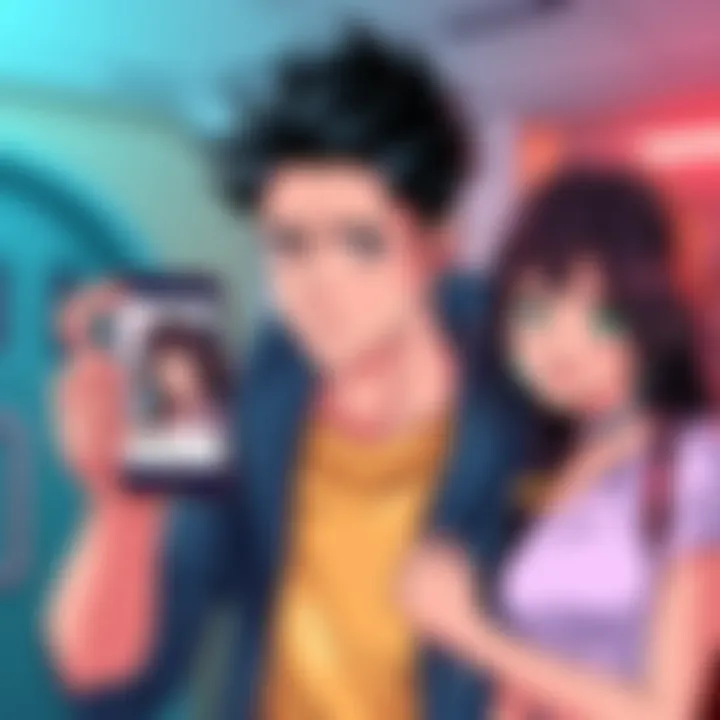 A male student looking surprised as he glances at a phone showing a seductive social media profile of a female classmate, who is standing confidently nearby.