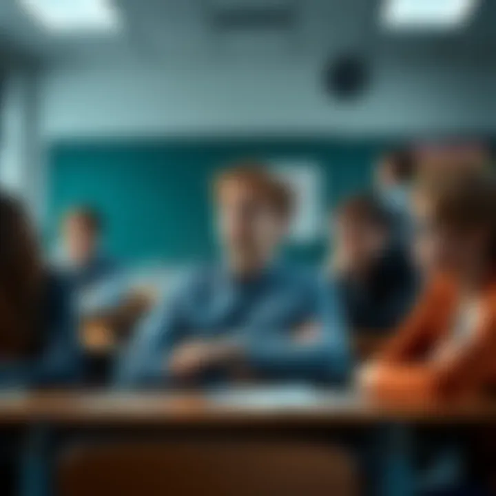 A classroom setting with Johan Liebert sitting alone, looking thoughtful and slightly detached from classmates, who are engaged in conversation.