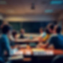 A vibrant classroom with engaged students attending a lively discussion, surrounded by books and learning materials.