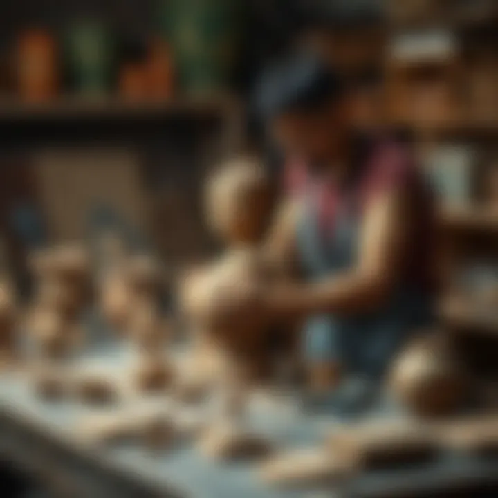 An artist shaping a Nue fumo sculpture from clay on a workbench, surrounded by tools and clay materials.
