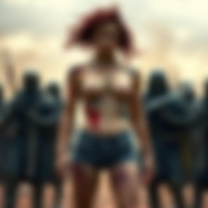 Teresa stands defiantly against a group of bandits, showcasing her disfigured body, emphasizing the harsh reality of Claymores.