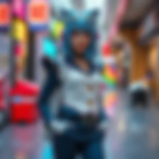 Person dressed in Cleaners Amo cosplay, featuring a stylish outfit, wig, and accessories, standing confidently.