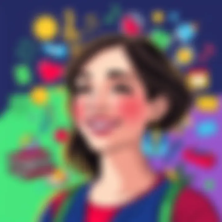 A colorful illustration showing a young woman with a friendly smile, surrounded by icons representing her interests like books, music notes, and art supplies, symbolizing her personality and background.
