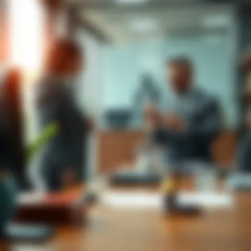 A relieved client standing in a lawyer's office looking at a declined card payment on the phone while the lawyer watches with concern.