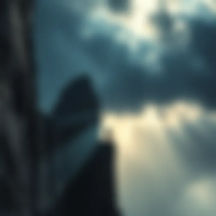 A dramatic book cover featuring a steep cliff and a shadowy figure looking down, symbolizing suspense and uncertainty in the story