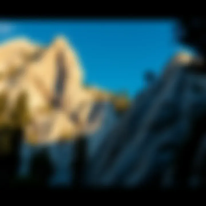 Two people climbing a steep rock face, surrounded by trees and blue sky