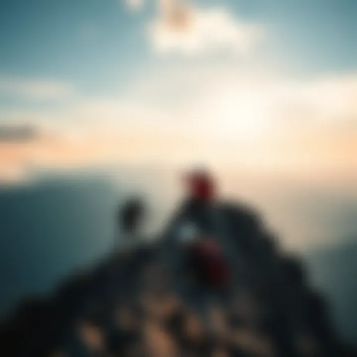 A group of climbers scaling the rugged terrain of Kingdom Peak with stunning mountain views in the background