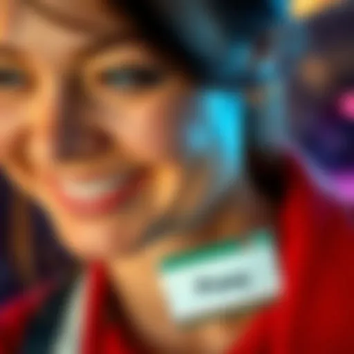 Close-up of a woman smiling with the nickname 'Powy' A woman with a warm smile, showcasing the nickname 'Powy' on a name tag, symbolizing personal identity and connections.