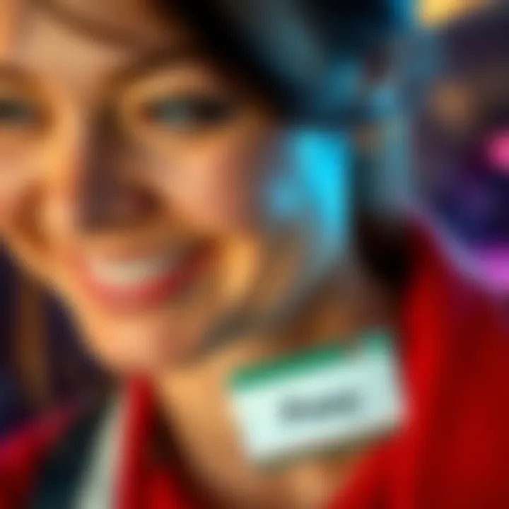 Close-up of a woman smiling with the nickname 'Powy' A woman with a warm smile, showcasing the nickname 'Powy' on a name tag, symbolizing personal identity and connections.
