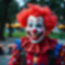 A clown wears a vibrant costume, smiling with exaggerated makeup, blending joy and curiosity in a park setting.