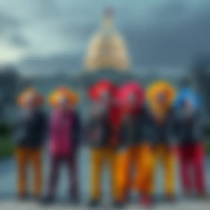 A group of people in colorful clown costumes with exaggerated features, standing in front of a large Government building, symbolizing political leaders as clowns.