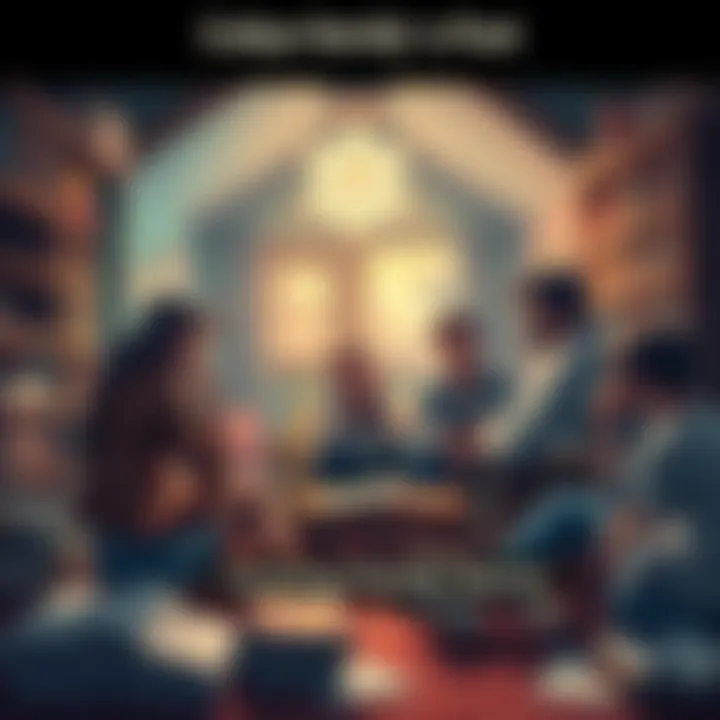 A group of fans discussing theories about Coby's family in a cozy setting with books and papers scattered around.