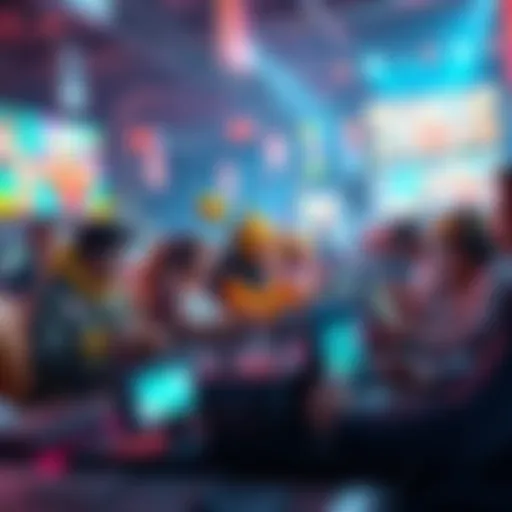 A colorful scene showing various characters from the game COC engaged in a competitive environment, reflecting current gaming trends, with gaming icons around them.