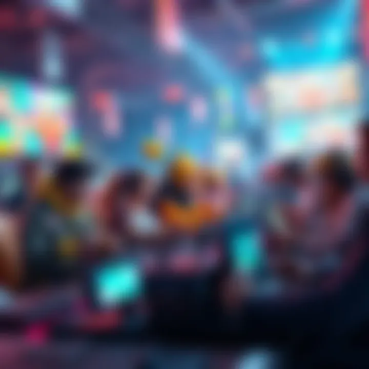 A colorful scene showing various characters from the game COC engaged in a competitive environment, reflecting current gaming trends, with gaming icons around them.