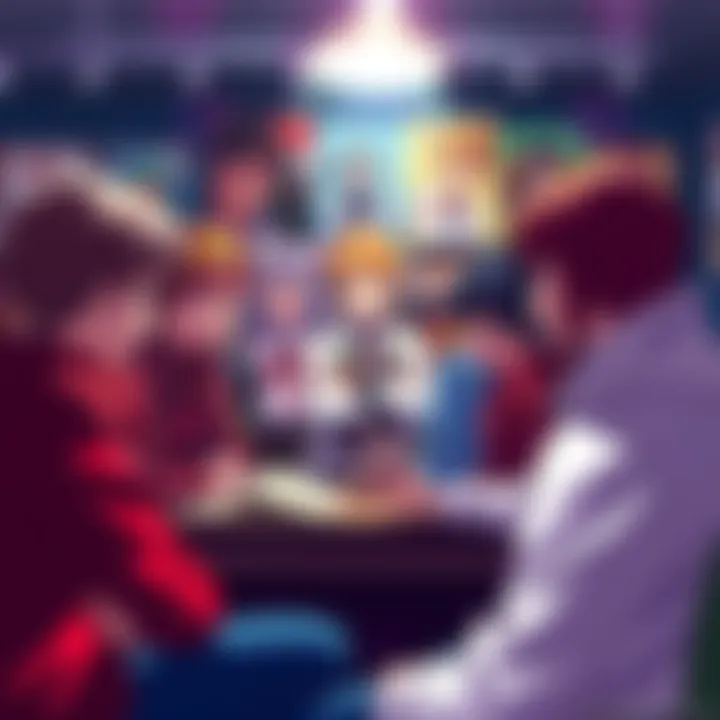 A group of fans discussing the characters and plot issues in Code Geass with anime posters in the background.