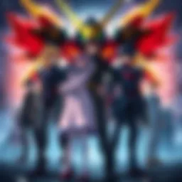Main characters from Code Geass and Gurren Lagann standing together with contrasting mechs in the background