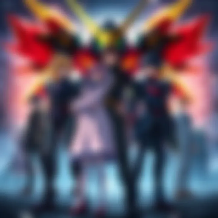 Main characters from Code Geass and Gurren Lagann standing together with contrasting mechs in the background