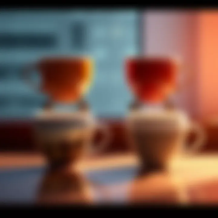 Coffee cups representing Denji Four coffee cups arranged to symbolize Denji's relationships with Makima, Aki, Power, and Reze, each cup reflecting different aspects of his self-perception.