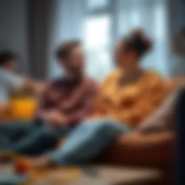 A couple sitting together on a couch in a cozy living room, sharing a moment of laughter and connection.