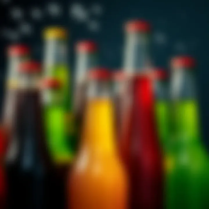 Cola Bottles with Bubbles A collection of colorful cola bottles with fizzing bubbles, representing cola culture.