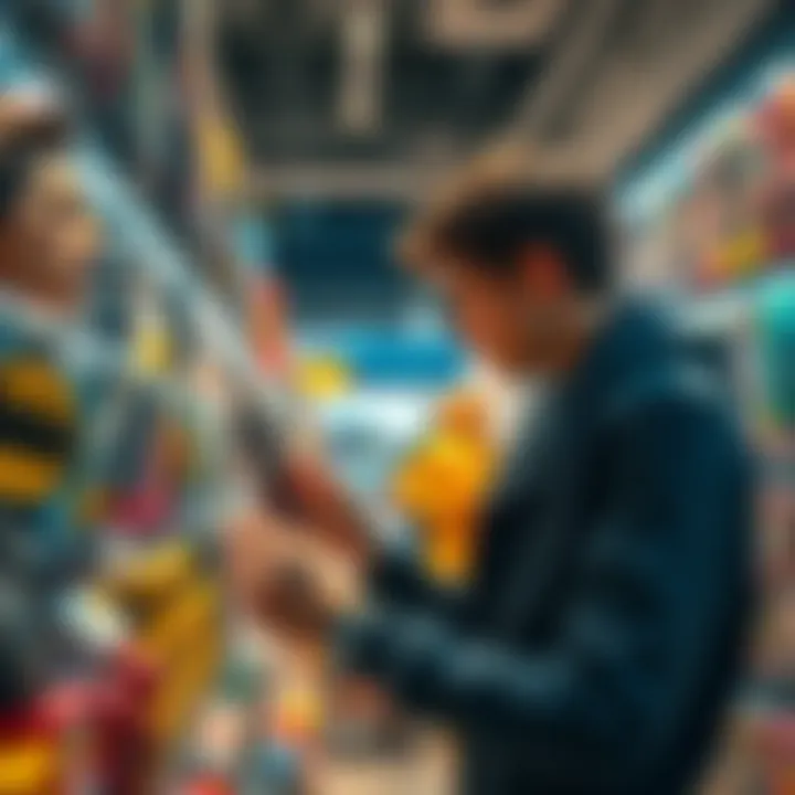 A person examining a collectible figure in a store, considering its price and value before buying